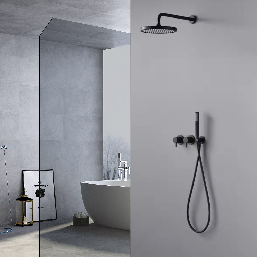 10" Wall-Mounted Round Black Rain Shower Head and Hand Shower System with 2-Function Valves $198
