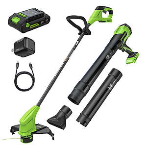 Greenworks 24V 12" Brushless String Trimmer and 270 CFM Brushless Leaf Blower Combo, $110