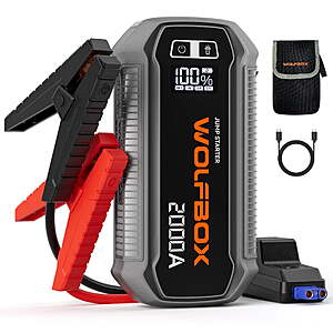 WolfBox 2000A Car Jump Starter, Portable Battery Booster Pack, 12V Power Bank for 7L Gas & 6L Diesel Engines $63