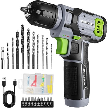 WORKPRO 8V Cordless Power Drill Driver Set with 53pcs Bit Set $18.99