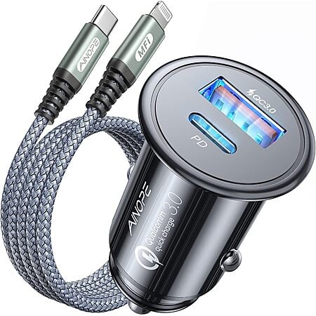 AINOPE 67.5W Super Mini Car Charger USB C 45W PD&QC 3.0 Fast Charging with C to Lighting Cable $6