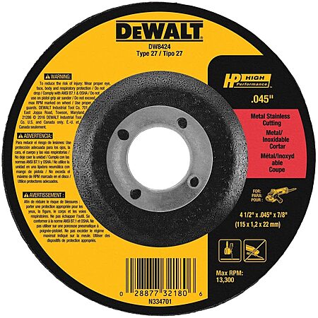 DEWALT DW8424 Thin Cutting Wheel, 4-1/2-Inch x .045-Inch x 7/8-Inch Arbor $1.50