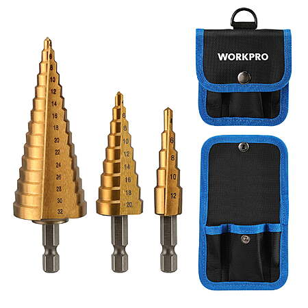 WORKPRO 3-Piece Step Drill Bit Set, 1/4" Hex Shank Quick Change High Speed Steel Titanium Coated $12.99