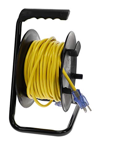 Clear Power 14/3 SJTW 50ft Outdoor Extension Cord, Yellow, Lighted-Locking Connector, 3 Prong Ground Plug, Heavy Duty Cord Storage Reel with Metal Stand, DCCO-9005-DC $24