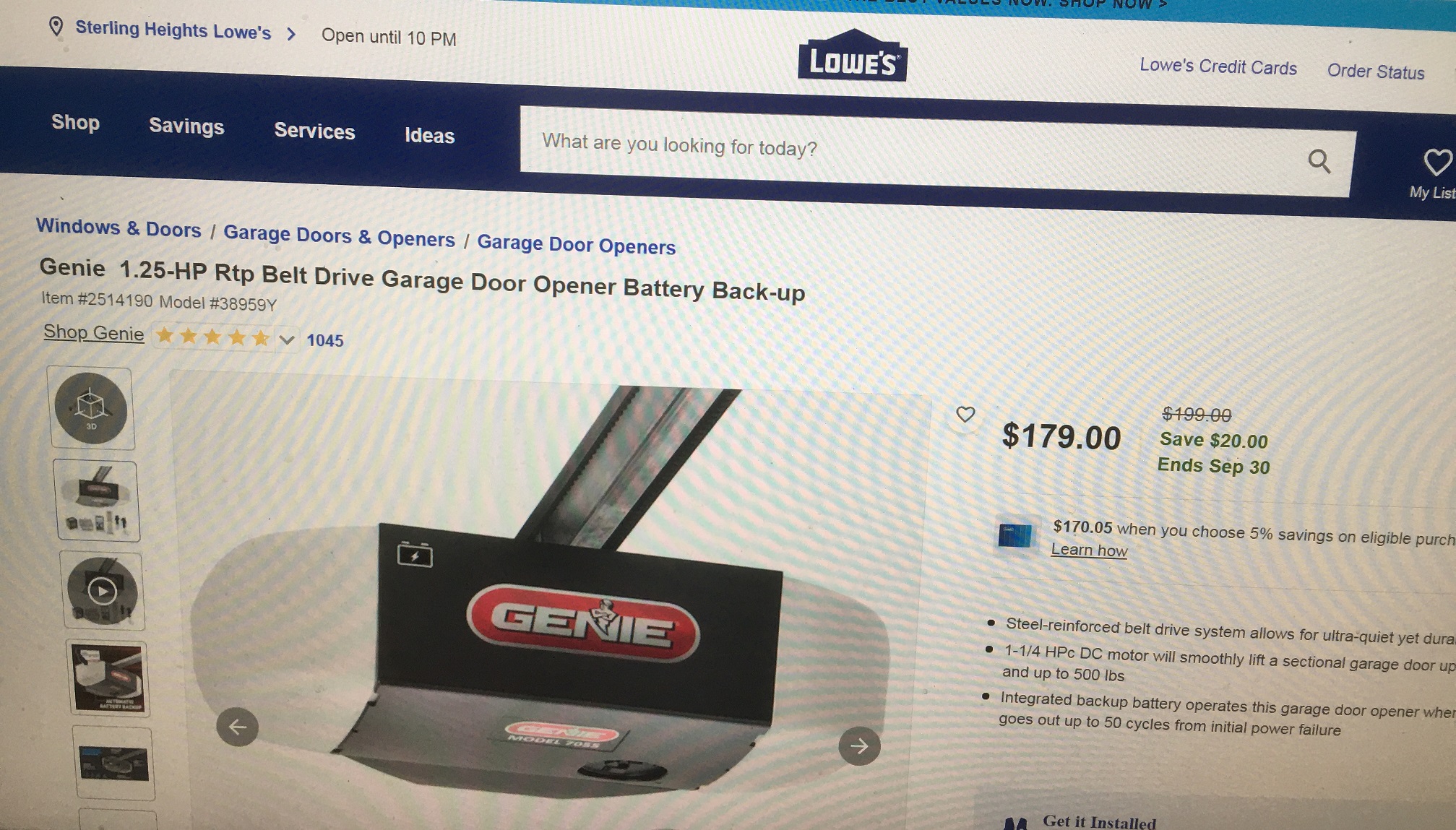 Genie  1.25-HP Rtp Belt Drive Garage Door Opener Battery Back-up $180