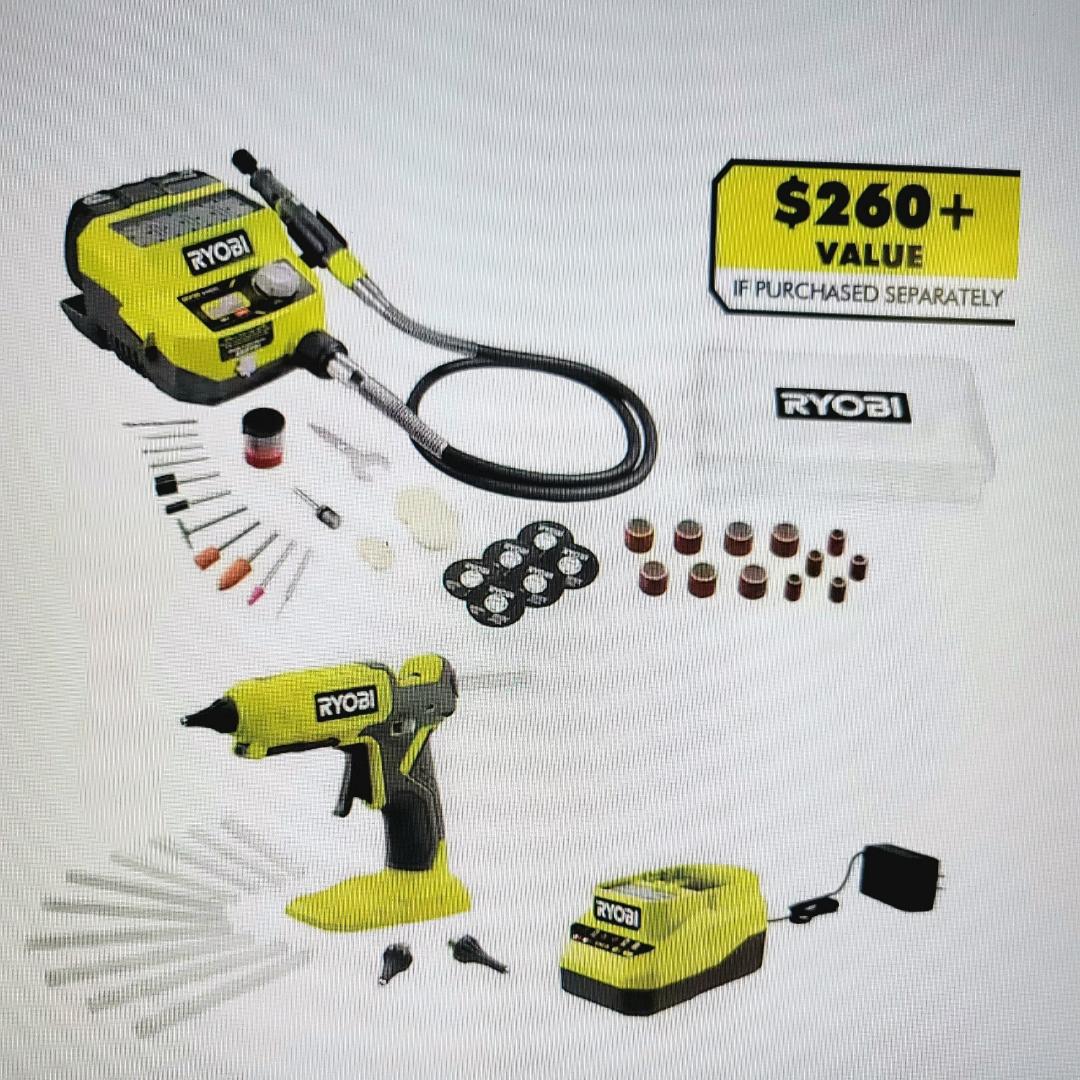 RYOBI  ONE+ 18V Cordless 2- Tool Combo Kit with Rotary Tool Station, Dual Temperature Glue Gun, 2.0 Ah Battery and Charger $49