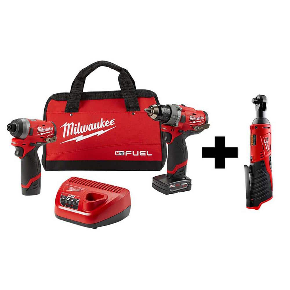 Milwaukee M12 FUEL 12-Volt Li-Ion Brushless Cordless Hammer Drill and Impact Driver Combo Kit (2-Tool)w/ M12 3/8 in. Ratchet 2598-22-2457-20 - $200