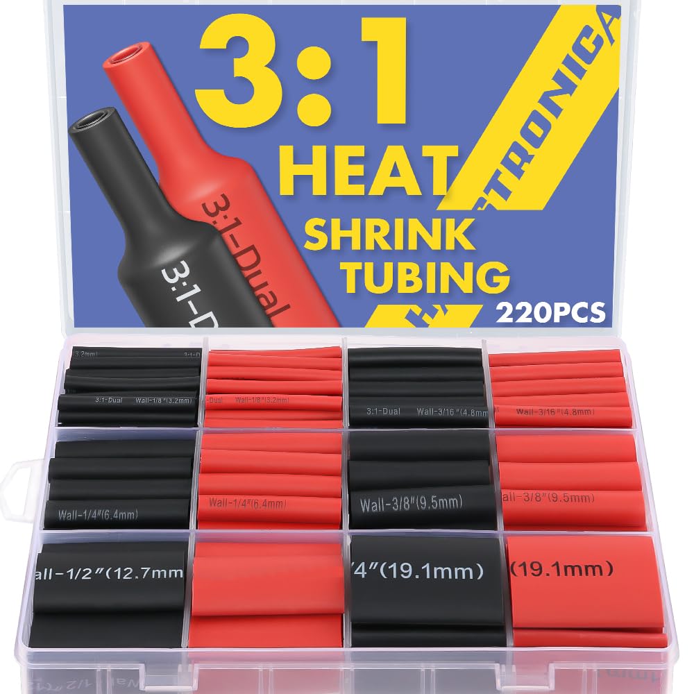$5.99 haisstronica 220pcs 3:1 Heat Shrink Tubing, Adhesive Lined Marine Grade Heat Shrink Tube - 1.75" length 6 Sizes, Perfect for Home, Automotive. 1/8"-3/4" (Black/Red)