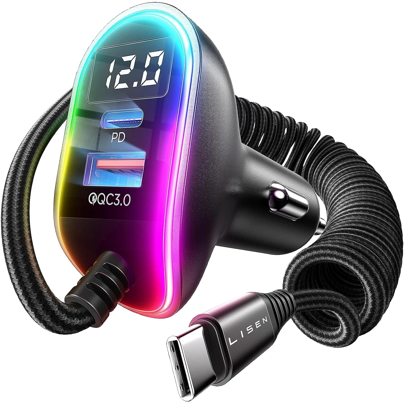 $12.99 USB C 96W Super Fast Car Charger PD& QC3.0 with 5.3ft 36W Type C Coiled Cable,Car Phone Charger Adapter for iPhone 15 Pro Max Plus, Samsung Galaxy S24/S23,