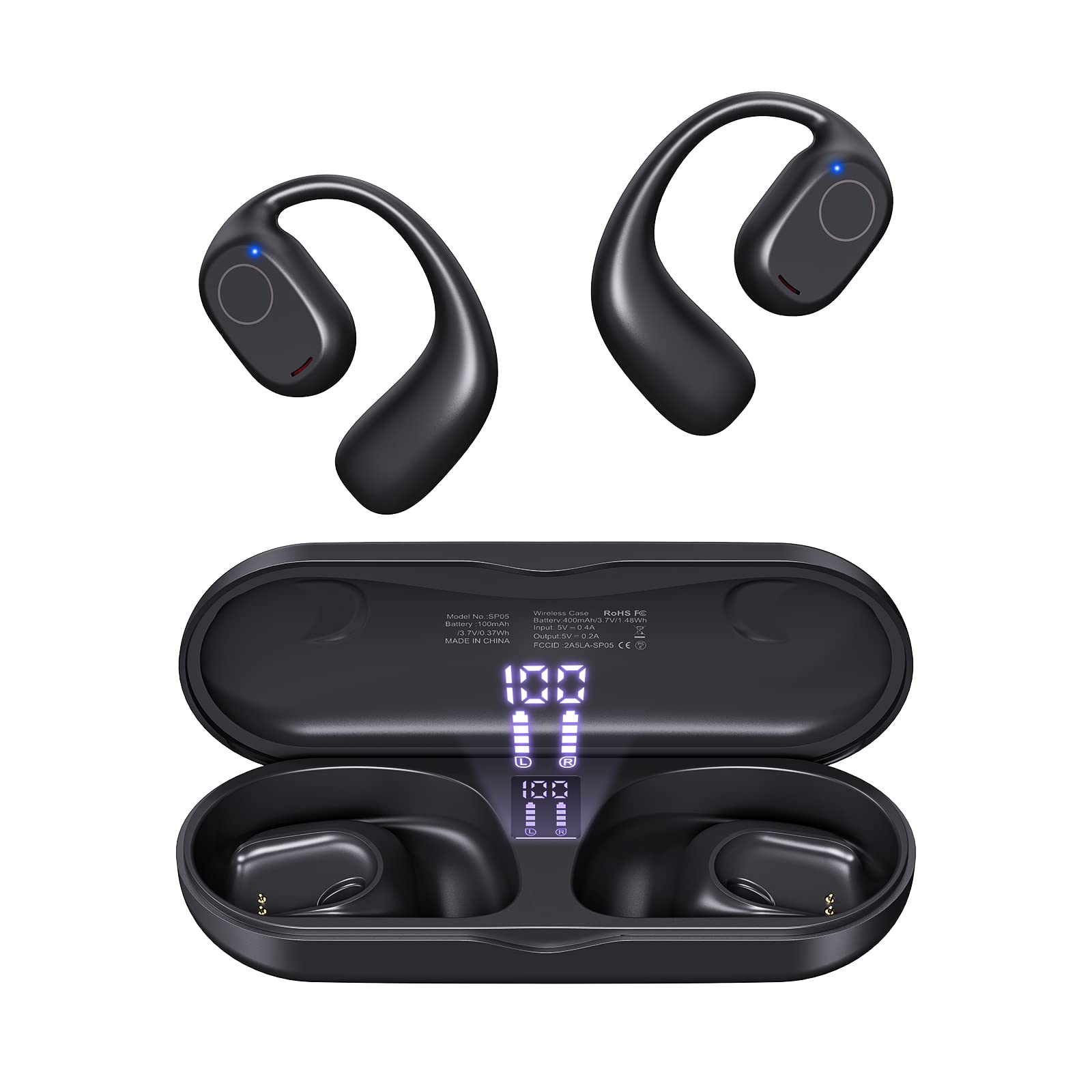 $33.99 PSIER Open Ear Headphones, Bluetooth 5.3 Wireless Sports Headphones w/Digital Display Charging Case 40 Hours Playtime True Earbuds with Earhooks