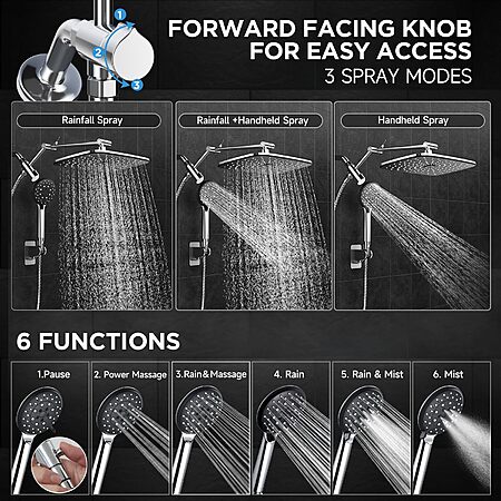 $49.98 Veken Wide Rain Shower Head with 6 Modes High Pressure Showerhead Combo with Arm for Bathroom Accessories,Home Decor Detachable Dual Shower with Anti-Clog Nozzles
