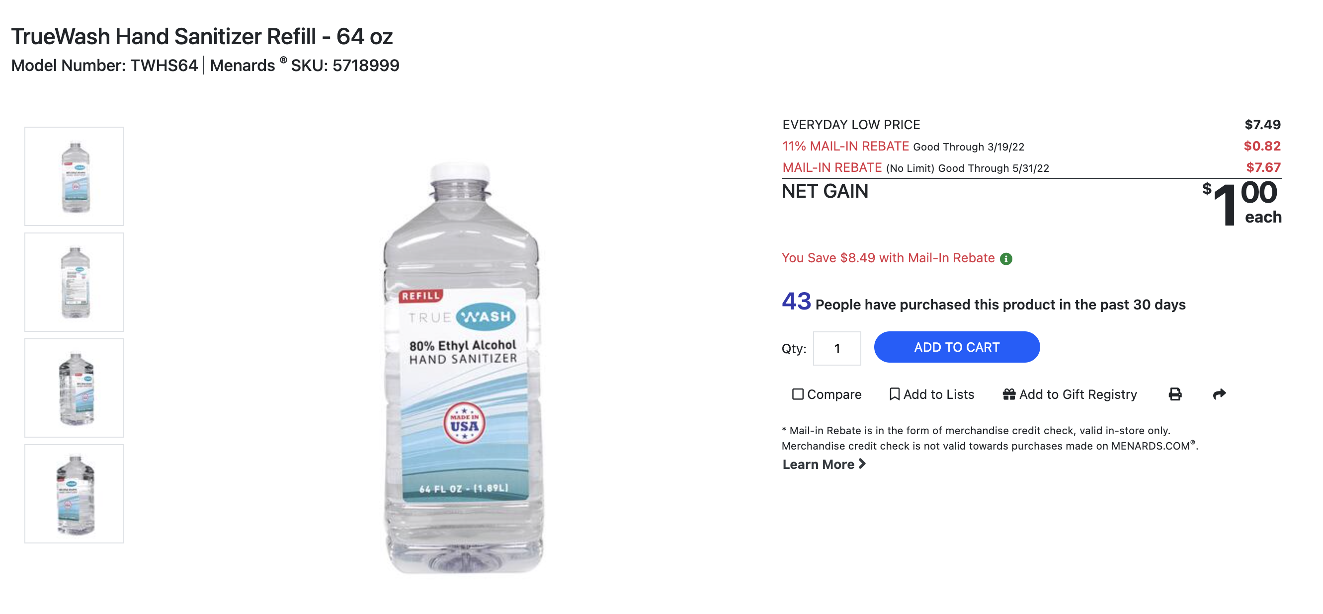 TrueWash Hand Sanitizer Refill - 64 oz (-$1 after rebate)