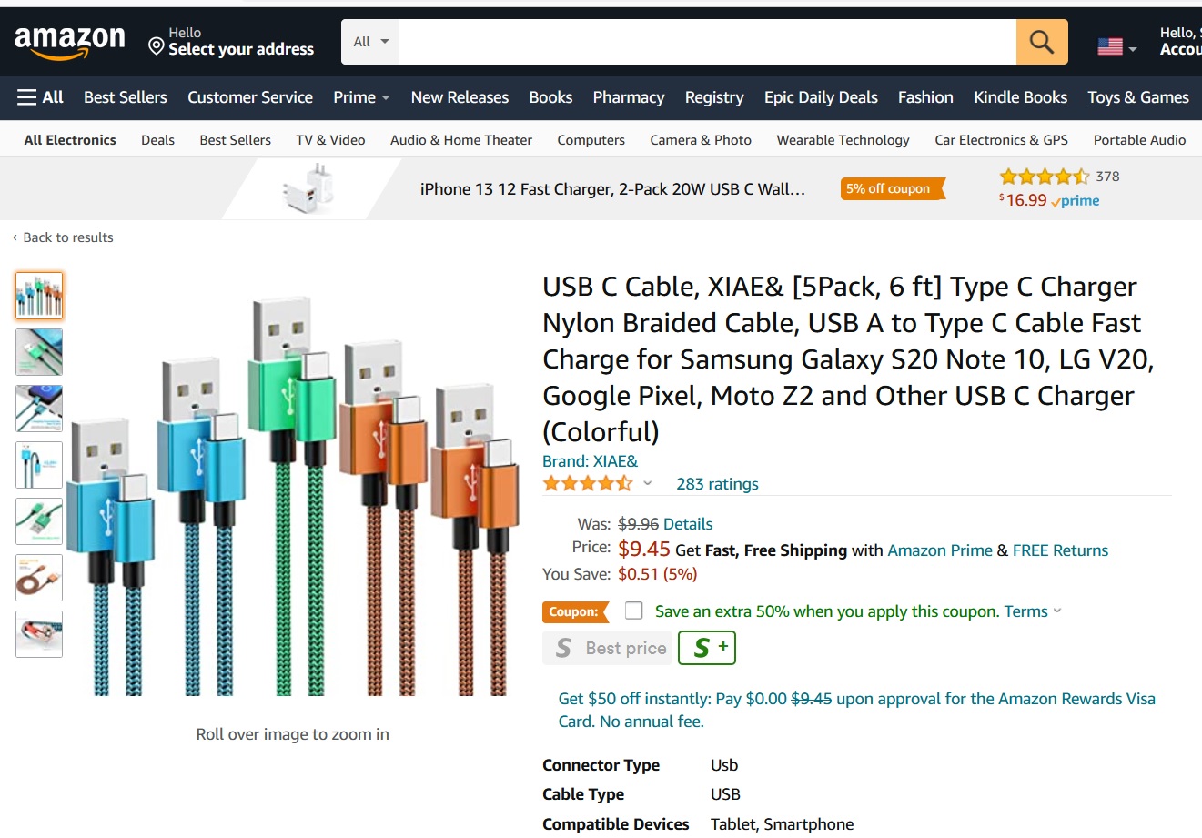Amazon - USB C Cable - 5 Pack(6 Foot USB A To Type C) $4.73 With 50% Coupon - Free Prime Shipping or Purchase $25
