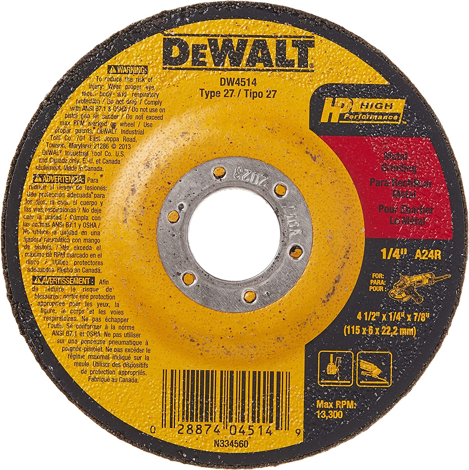DEWALT DW4514 1/4" Thick Grinding Wheel with 4-1/2" Diameter and 7/8" Arbor $1.83