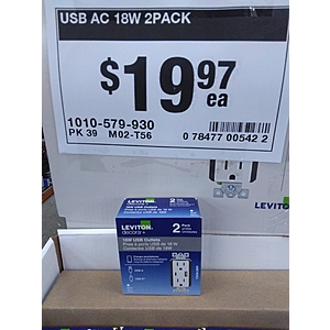 Leviton 15A Tamper Resistant Type A/C 3.6A 18-Watt USB Outlet (2-pack) $19.97