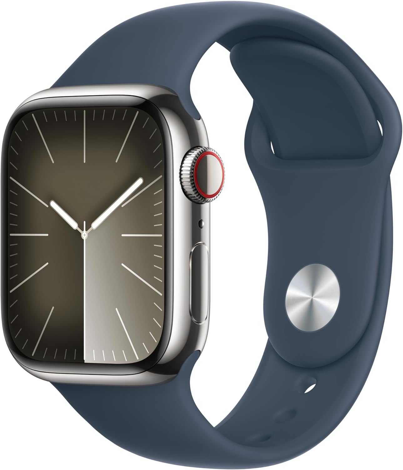 $490 Apple Watch Series 9 [GPS + Cellular 41mm] Smartwatch with Silver Stainless Steel Case with Storm Blue Sport Band S/M $489.99