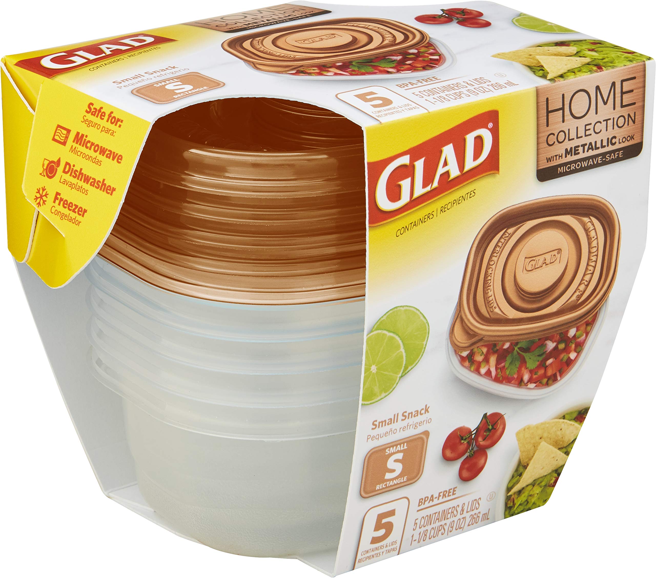 GladWare Home Snack Food Storage Containers, 5 Count Set, Small Rectangle Holds 9 Ounces of Food | With Glad Lock Tight Seal, BPA Free Containers and Lids $4.53