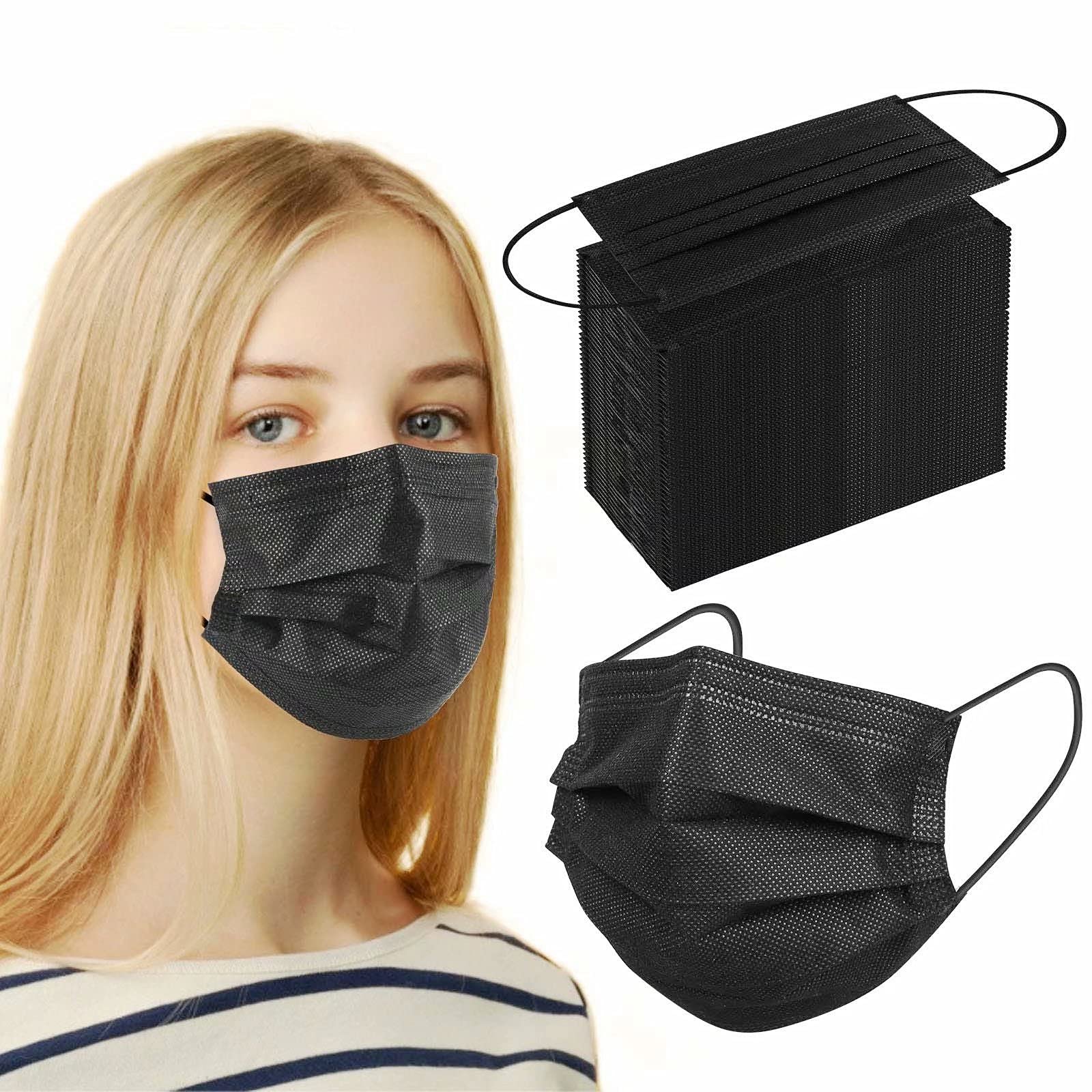 100Pcs Black Disposable Face Mask, 3 Ply Black Face Masks with Soft Elastic Ear Loops $5.52
