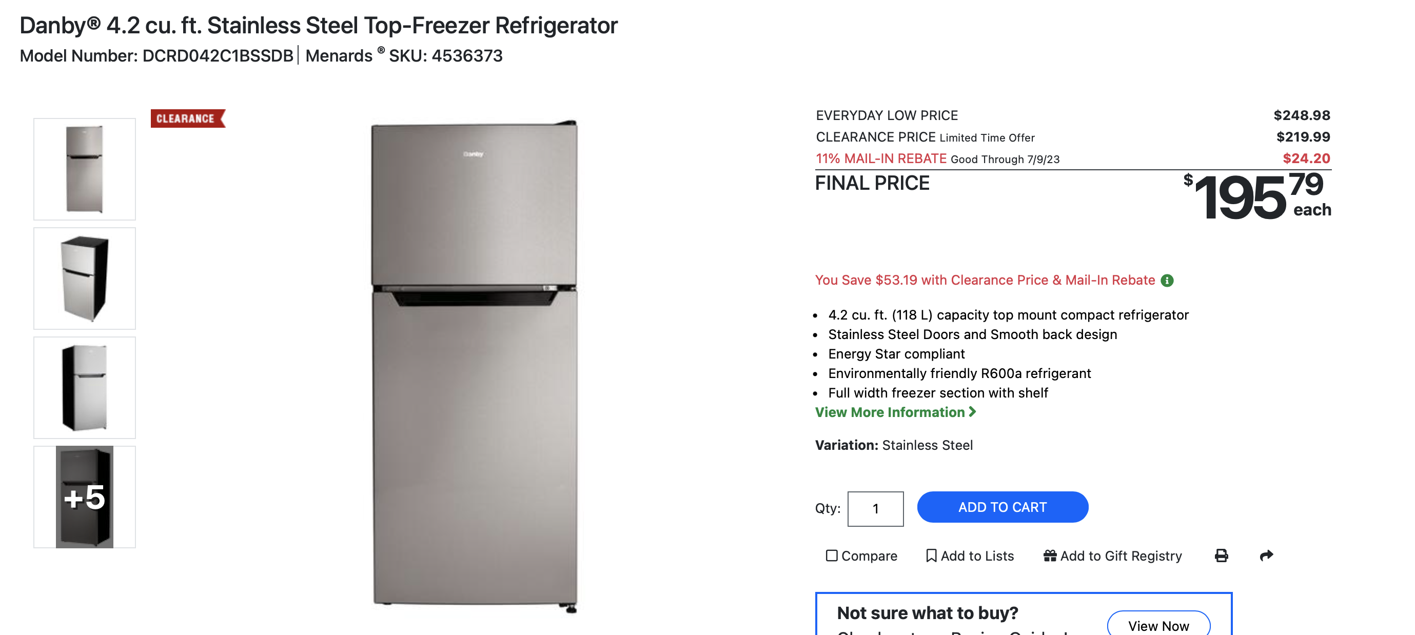 Danby® 4.2 cu. ft. Stainless Steel Top-Freezer Refrigerator $219.99