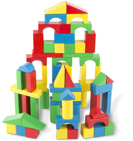 Melissa & Doug Wooden Building Blocks Set (100 Blocks-4 Colors and 9 Shapes)$13.99