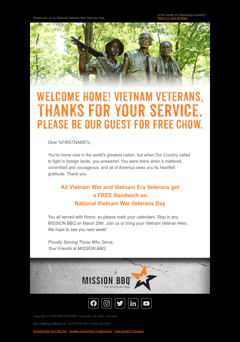 FREE Sandwiches for Vietnam War Veterans on March 29th $0