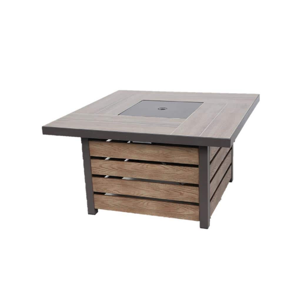 Hampton Bay Summerfield 44 in. x 24.5 in. Square Steel Propane Fire Pit with Wood-Look Tile Top 2102FP - $229