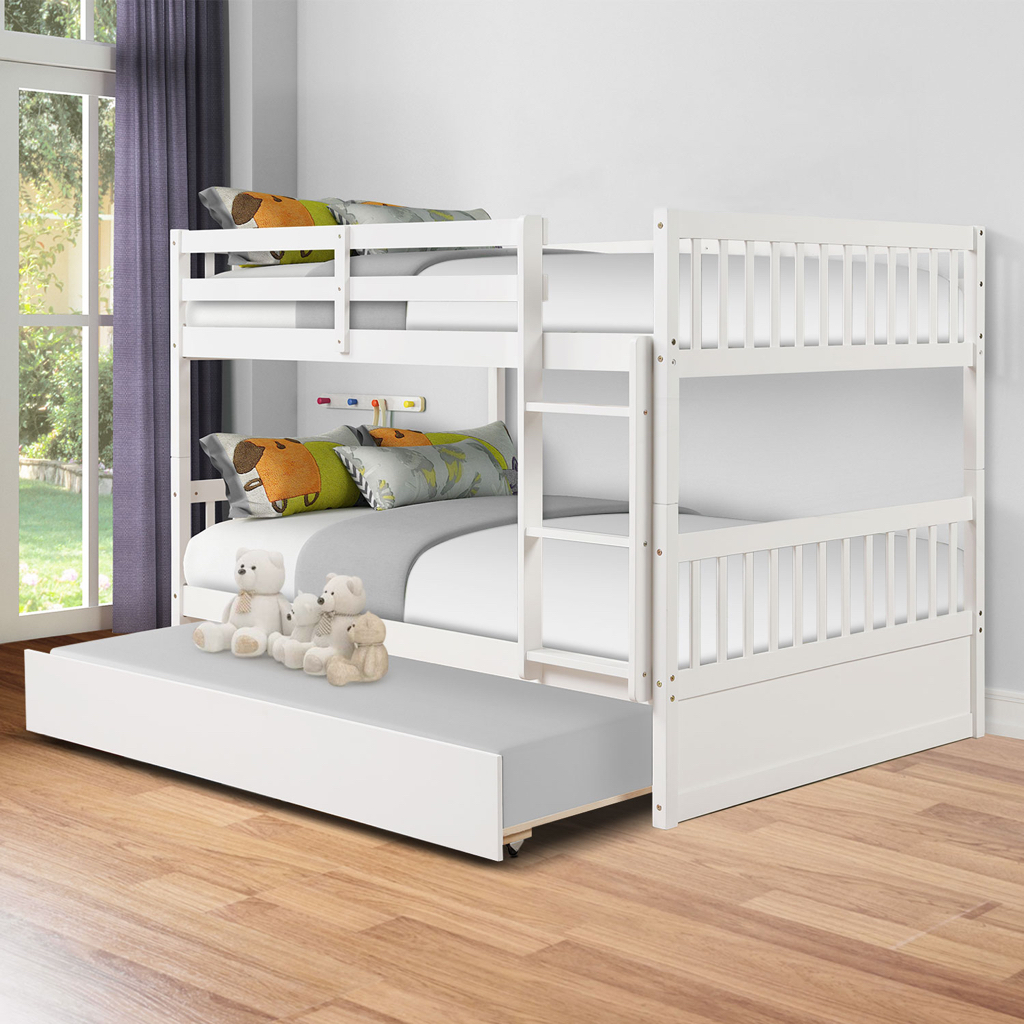 Full Over Full Bunk Bed with Trundle, Sweden Pine Wood Bunk Beds with Guard Rail and Ladder, Pull-out Combination Bed with Casters, Convertible to Separate 2 Beds for Kid - $670.99