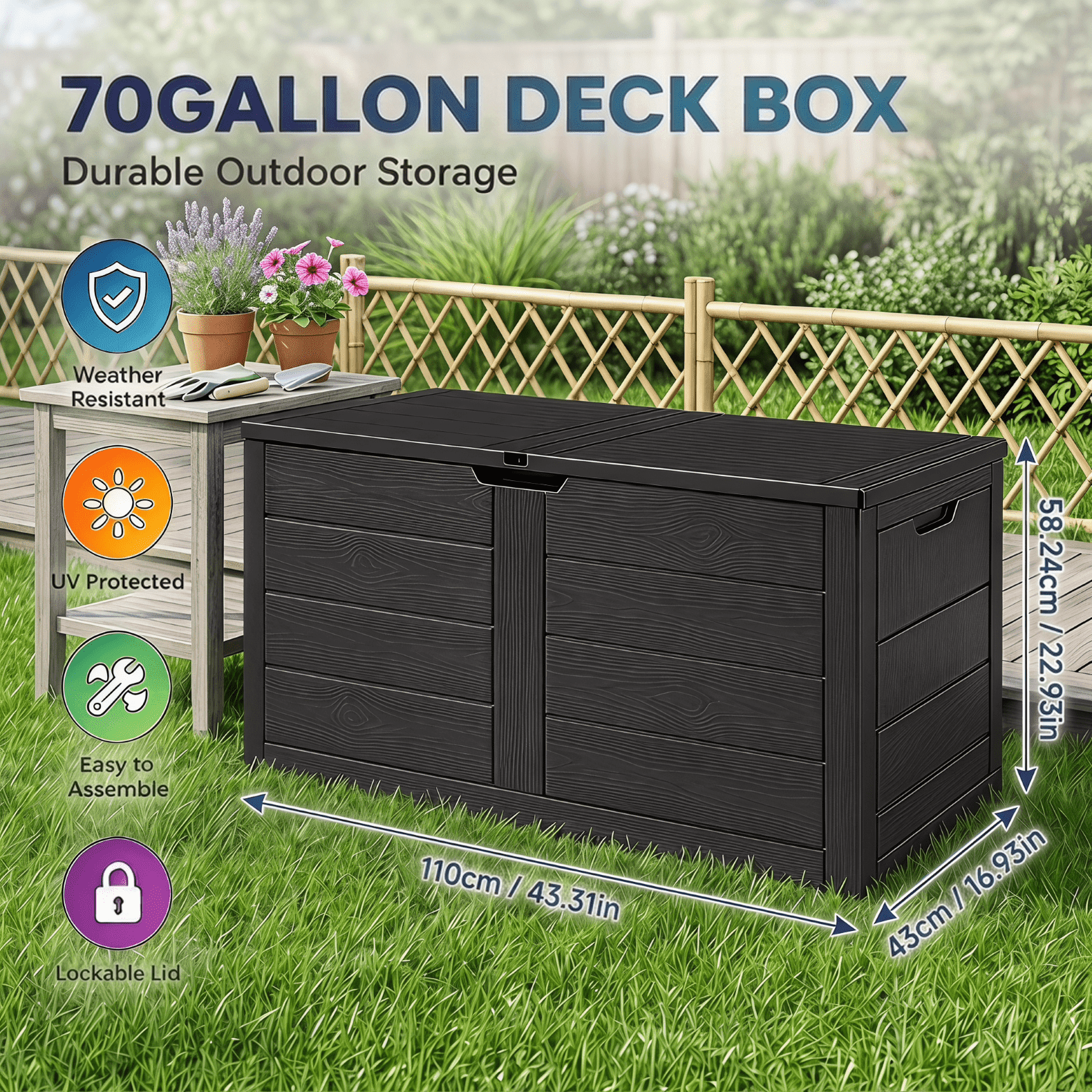 SAMRELAX 70 Gallon Black Storage Box w/ Lockable Lid $33.88 + Free S&H at Walmart