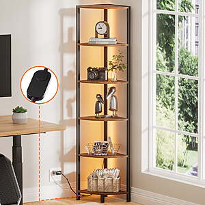 $42.99*:Satifur 6-Tier Corner Bookshelf with LED Lights, Rustic Brown(Various Color)