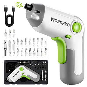 $15.99*:WORKPRO 3.6V White Cordless Screwdriver Set，Cordless & Rechargeable with Driver Bit Set and Sturdy Case，25PCS Drill/Driver Accessories