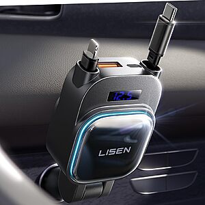 $14*:LISEN for iPhone 17 Pro Max Retractable Car Charger[USB C Cable & L Cable], 96W 4 in 1 Fast Charging Retractable Car Charger Cigarette Adapter