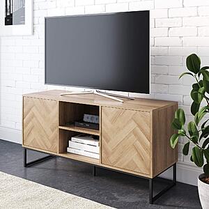 $99.99*:Nathan James Dylan Media Console Cabinet &ndash; TV Stand with Hidden Storage, Natural Reclaimed Herringbone Wood & Metal, Oak/Matte Black(48" x 16" x 24")