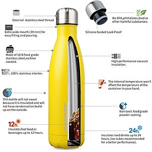 5.75*:BJPKPK 17oz Insulated Stainless Steel Water Bottles,Sports Water Bottles Keep Cold for 24 Hours and Hot for 12 Hours,BPA Free for Travel,Goldenrod