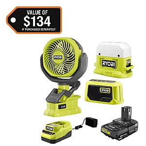 RYOBI ONE+ 18V Kit: Area Light, BT Speaker, Clamp Fan & 1.5Ah Battery $50.40 + Free S&H