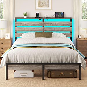 $103.96: Rolanstar Queen Bed Frame – USB Charging, LED, Wood Storage Headboard, Light Grey, No Box Spring, Noise-Free at Amazon