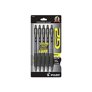 5-Pk Pilot G2 Premium Bold Point Roller Gel Pens (Black/1mm) $3.75 
