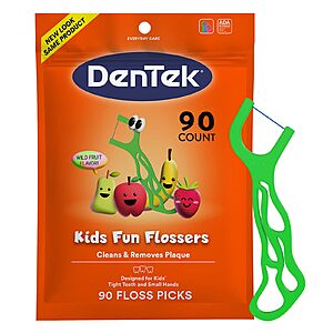Select Accts: 90-Ct DenTek Kids Fun Flossers (Wild Fruit Flavor) $1.25 w/ S&S