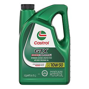 5-qt Castrol GTX High Mileage Synthetic Blend Motor Oil (10W-30) $14.20 w/ S&S