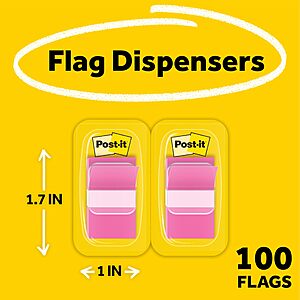 Post-it Flags, 1 x 1.7 in, Pink, 2 Dispensers, 50 Flags/Dispenser $2.17 + Free S&H w/ Prime or $35+
