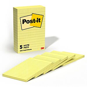 5-Pk 100-Sheet Post-it Notes Lined Pads (Canary Yellow, 4" x 6") $4 