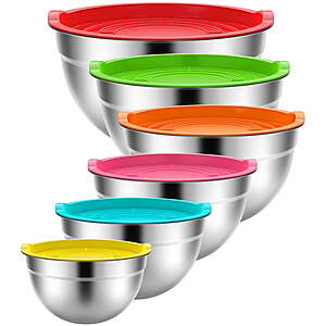 TINANA 6-Piece Stainless Steel Mixing Bowls w/ Lids (3 Colors)