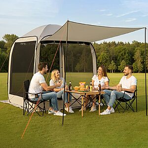 $64.90: VEVOR 6 x 6 ft Pop Up Screen House Tent, 4-6 Person, Extended Awning, Portable Canopy, Beige at Amazon