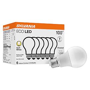 $8.03: Sylvania ECO LED A19 Light Bulb, 100W, 1450 Lumens, 2700K, Soft White - 6 Pack (40885) at Amazon