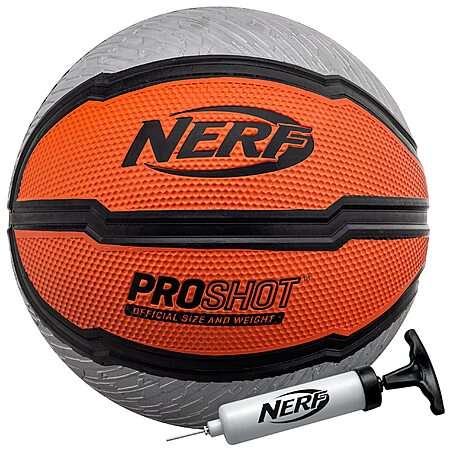 $10*:Nerf Indoor + Outdoor Basketball - Proshot Official Size 29.5" Basketball + Air Inflation Pump - Extra Grip for Gym + Driveway Hoops - Regulation B7 Ball - Black/Orange