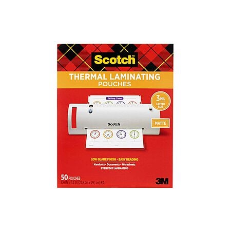 $7.90: 50-Pack Scotch Thermal 3mil Laminating Pouches (Ultra Clear w/ Matte Finish, 8.9" x 11.4") at Amazon