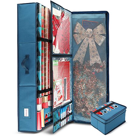 Hearth & Harbor Wrapping Paper Storage Container - Christmas Storage Bag with Ribbon Dispenser and Interior Pockets - Gift Wrap Organizer Fits Up to 26 Rolls of 40" Length, Blue - Image 2