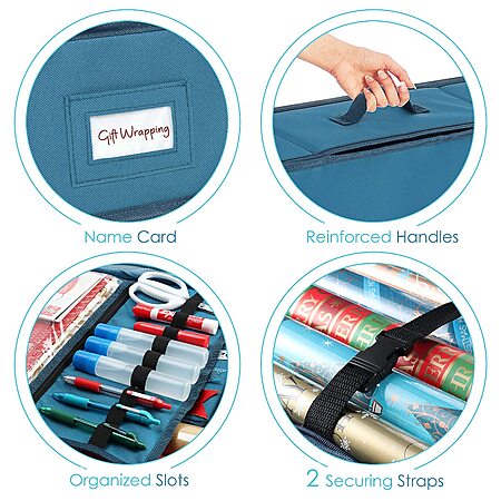 Hearth & Harbor Wrapping Paper Storage Container - Christmas Storage Bag with Ribbon Dispenser and Interior Pockets - Gift Wrap Organizer Fits Up to 26 Rolls of 40" Length, Blue - Image 3
