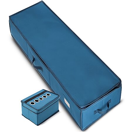 Hearth & Harbor Wrapping Paper Storage Container - Christmas Storage Bag with Ribbon Dispenser and Interior Pockets - Gift Wrap Organizer Fits Up to 26 Rolls of 40" Length, Blue - Image 4
