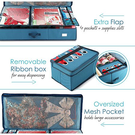 Hearth & Harbor Wrapping Paper Storage Container - Christmas Storage Bag with Ribbon Dispenser and Interior Pockets - Gift Wrap Organizer Fits Up to 26 Rolls of 40" Length, Blue - Image 5