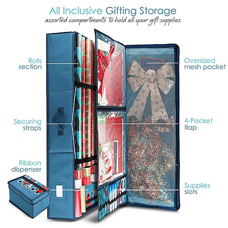 Hearth & Harbor Wrapping Paper Storage Container - Christmas Storage Bag with Ribbon Dispenser and Interior Pockets - Gift Wrap Organizer Fits Up to 26 Rolls of 40" Length, Blue - Image 6